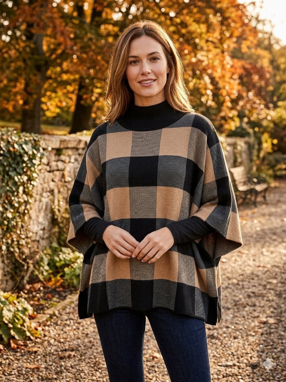 Note di Anita Merino Wool Cashmere Plaid Poncho Sweater OS